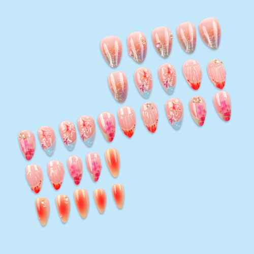 Pink Press on Nails Short Almond Fake Nails with Gold Beads 24Pcs