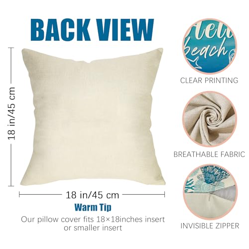 Coastal Beach Throw Pillow Covers 18x18 Set of 4, Nautical Linen Cushion Cases