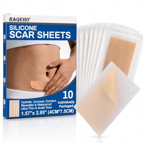 RAQEHO Silicone Scar Sheets - 10 Pack Waterproof Reusable Tape for C Section, Surgical & Burn Scars