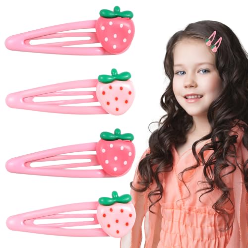 Mabor Pink Strawberry Hair Clips Set, 4Pcs Resin Snap Barrettes for Girls