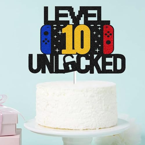 Level 10 Unlocked Cake Topper Black Glitter Video Gamer Birthday Party