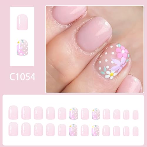 Short Square Floral Press on Nails with Pink Glitter and Glue