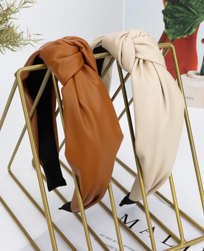 Wecoe 2 Pack Knotted PU Leather Headbands for Women Wide Non-Slip Hair Bands