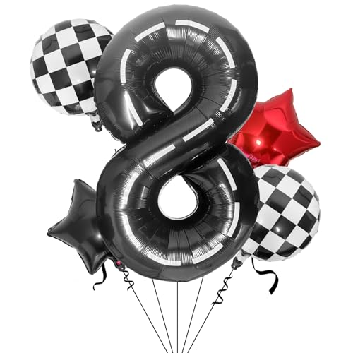 LEBERY Race Car Number 8 Balloon Set, 40-Inch Black Racetrack & Checkered Balloons