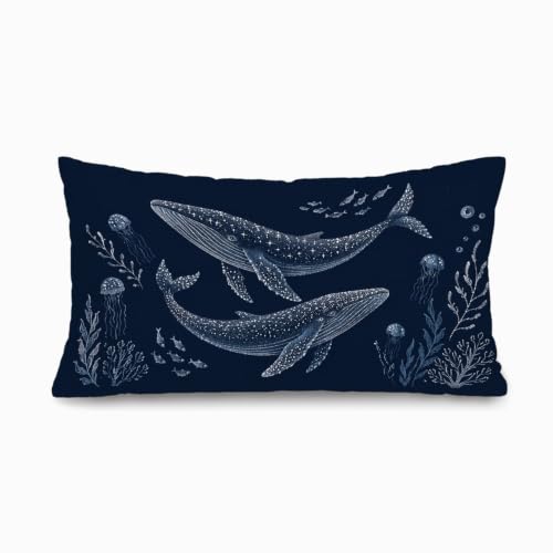 Coastal Whale Shark Lumbar Pillow Cover 12x20 - Navy Blue Beach Decor (Coastal-14)