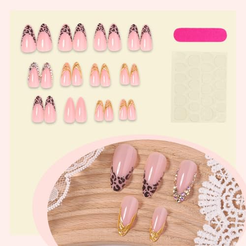 Octoswave Medium Almond Press on Nails French Artificial Fake Nails with Leopard and Rhinestones Charms 24pcs