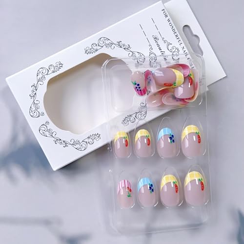 Short Almond Press on Nails with Fruit Designs French Tip Fake Nails