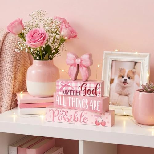 4-Piece Pink Bow Tiered Tray Decor for Home & Table
