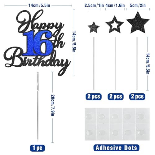 Happy 16th Birthday Cake Topper - Black Blue Glitter Decoration