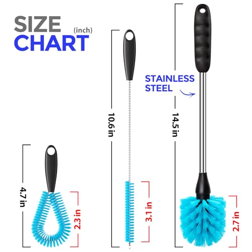 Holikme 4-Piece Bottle Brush Set, 14.5" Stainless Steel Cleaning Tool - Blue