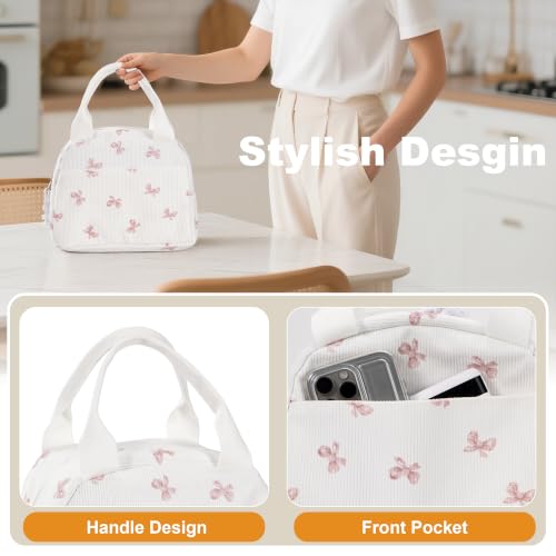 UUYUUY Insulated Lunch Bag, Corduroy Bow Tote for Work and Picnic, M