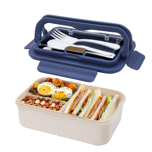 AYauGamA 3-Compartment Bento Lunch Box - 1100ml Leak-Proof Container (Blue)
