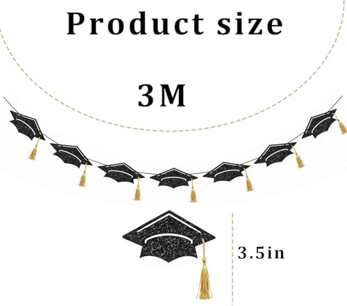 Graduation Cap Banner 2026 with Gold Tassels – Black Glitter Decor