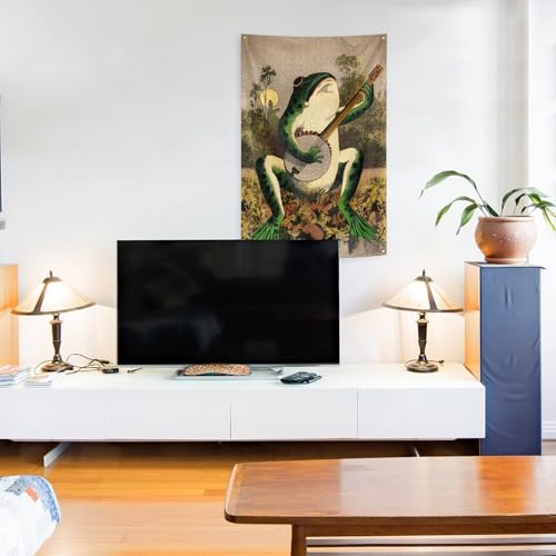 Banjo Playing Frog Wall Tapestry 24x36 Inch Vintage Boho Vertical Flag