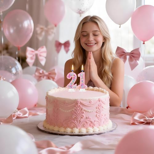 Pink Glitter Number 21 Birthday Candle - Colorful Cake Topper