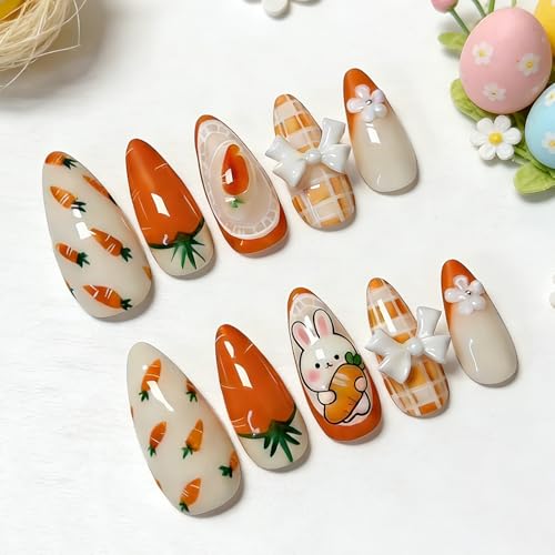 Easter Carrot Rabbit Press on Nails Medium Almond French Tip False Nails