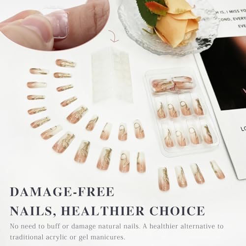 Yellow Ombre Medium Square Press On Nails with White Curve Lines & Gold Glitter (48PCS)