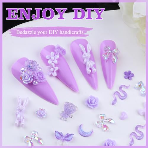 Kikonoke 3D Flower Nail Charms and Rhinestones Set - 2 Boxes Purple