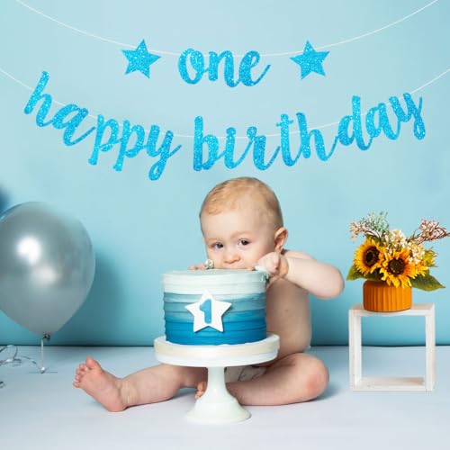Blue Glitter 1st Birthday Banner for Baby Boy Party Decorations