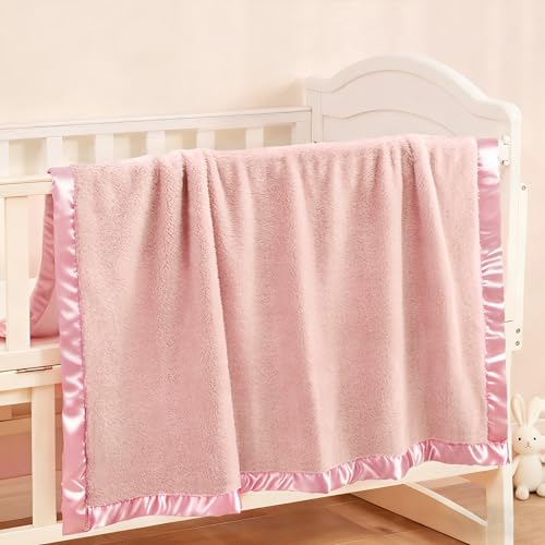 Light Pink Plush Baby Blanket with Satin Trim - 30x40 Inch