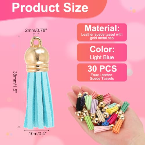 PATIKIL 30 Pcs 1.5 Inch Faux Leather Tassels with Gold Cap, Light Blue