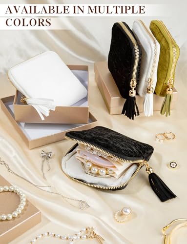 Compact Velvet Travel Jewelry Case with Tassel Zipper - White