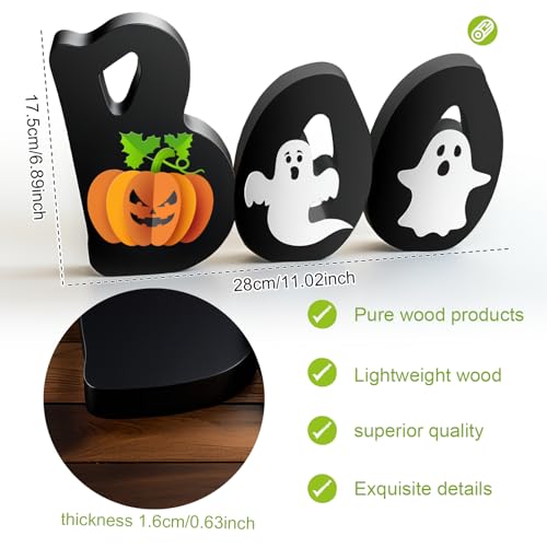 LLPMutu Wooden BOO Sign Halloween Table Decoration with Pumpkin and Ghost