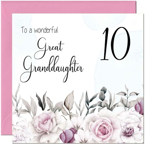 Elegant Floral Birthday Card for 10-Year-Old Great Granddaughter