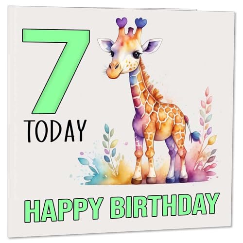 7th Birthday Card Kids Watercolour Giraffe 145x145mm