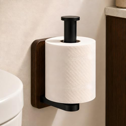 Wall-Mounted Wood and Matte Black Toilet Paper Holder for Bathroom