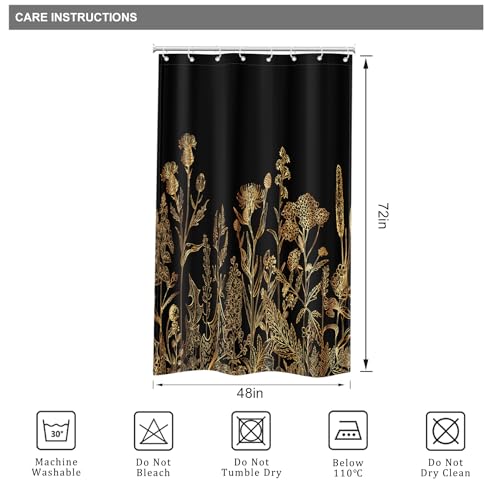 Riyidecor Floral Shower Curtain - Narrow 48"W x 72"L Black & Gold Botanical