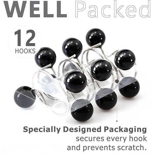 Elegant Black Pearl Shower Curtain Hooks - 12 Rustproof Rings