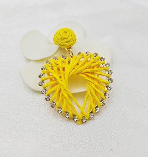 Heart Drop Raffia Earrings for Women - Handmade Dangle Jewelry