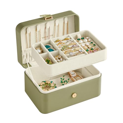 SONGMICS Travel Jewelry Organizer Case - 2-Layer Green PU Jewelry Box with Velvet Lining