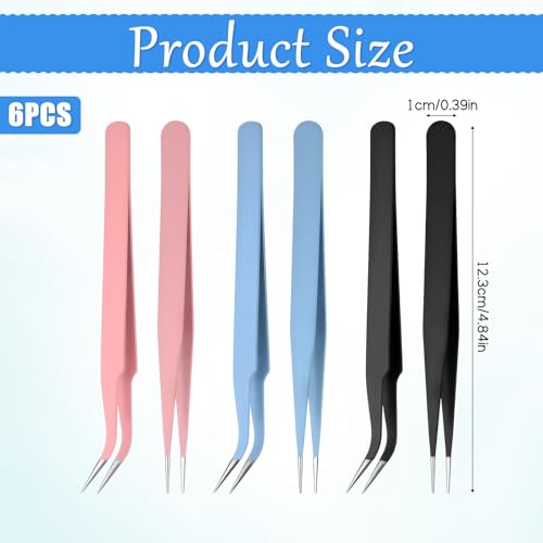 JJUNW 6PCS Stainless Steel Precision Tweezers Set with Protective Caps