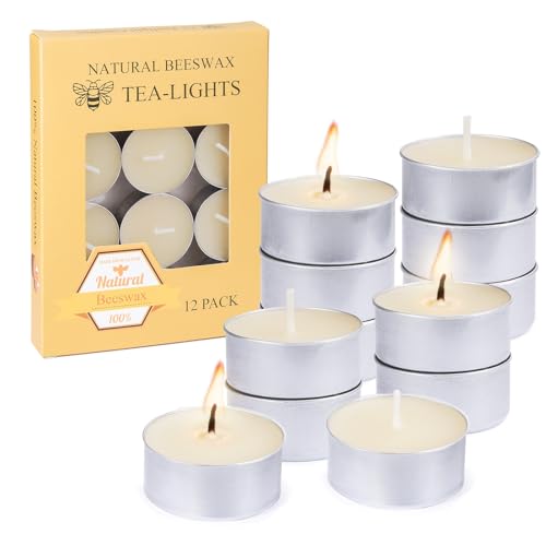 TELOSMA 100% Pure Beeswax Tealight Candles - Natural Ivory, 12-Pack