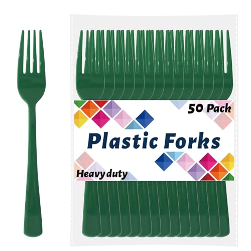 CXPSINC Heavy Duty Green Plastic Forks - 50 Count, 7.28 Inch Disposable Cutlery for Parties & Picnics