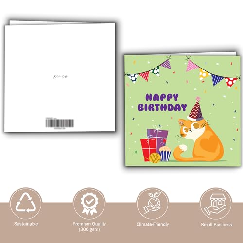 Happy Birthday Cat Card with Party Hat – 5.9" Square Folded Card