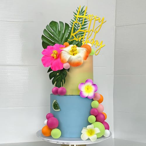 37pc Hawaiian Flower Cake Topper Set, Rose Orange Summer Party Decoration
