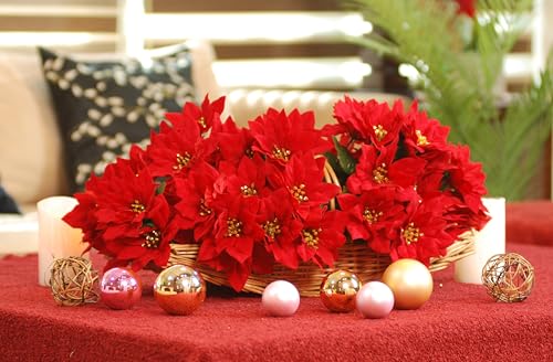 12 pcs 13-inch Velvet Artificial Poinsettia Bushes with Gold Centre - Christmas Decor, Red/Gold Variation