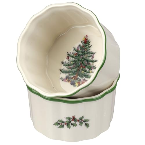 Set of 2 Christmas Tree Porcelain Ramekins - Holiday Dessert & Serving Bowls