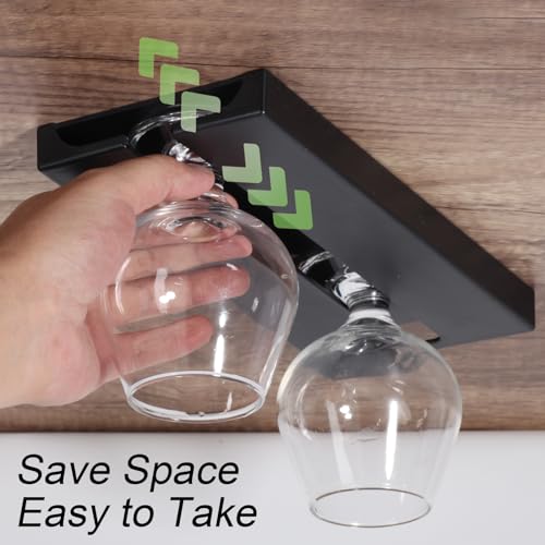 10-Inch Black Wine Glass Holder Rack - 2 Pack, Punch-Free Under Cabinet Storage