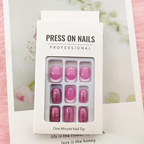 TUZANDW Rose Pink Square Press on Nails Short Glitter Sequins False Nails