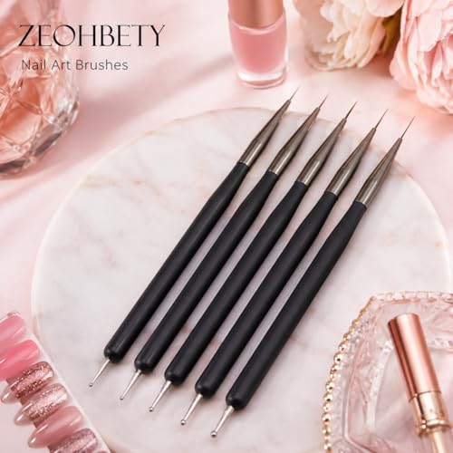 ZEOHBETY 5Pcs Nail Art Liner Brushes and Dotting Pen Set - Fine Drawing Sizes 7mm to 22mm