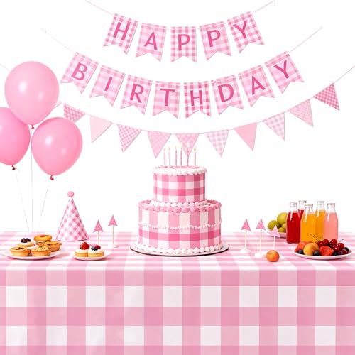 Pink Gingham Disposable Tablecloth - 55x86in, 3 Pcs Party Decor