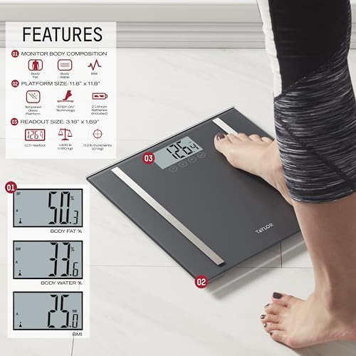 Taylor Digital Body Composition Scale, Bathroom Scale for Body Weight, Measures Body Fat, Body Water & Muscle Mass, 8 User Recognition, Normal & Athlete Modes, 400 lb Capacity, Black