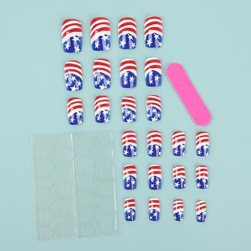 4th of July Press on Nails Medium Square Blue Red USA Flag False Nails