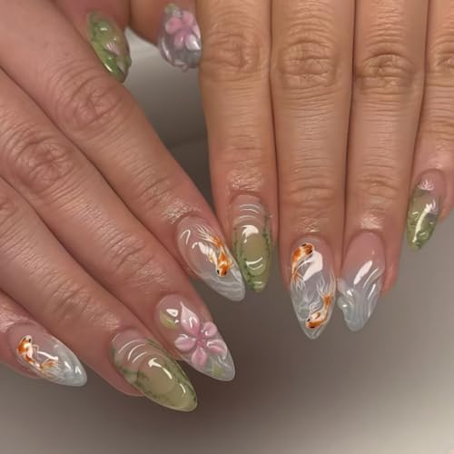 PSBRBAD Medium Almond Press on Nails 3D Floral Goldfish Fake Nails