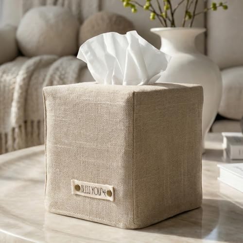 KIBAGA Beige Linen Square Tissue Box Cover - Decorative Facial Tissue Holder