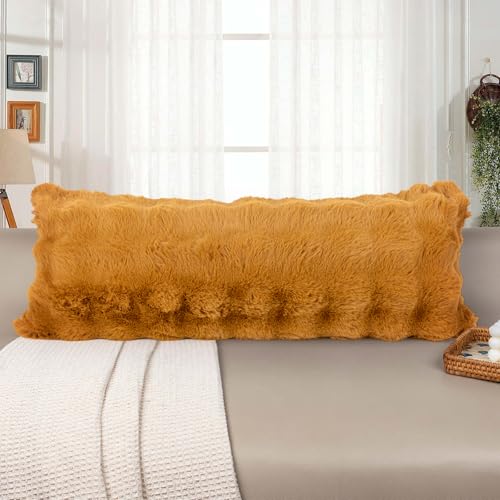JoraLion 14x36 Faux Fur Lumbar Pillow Cover - Coco Brown Plush Cushion